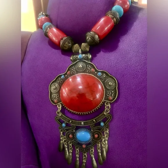 Vintage Mongolian Large Pendant Dangle Necklace with Wood Beads 22” Long - Picture 2 of 3